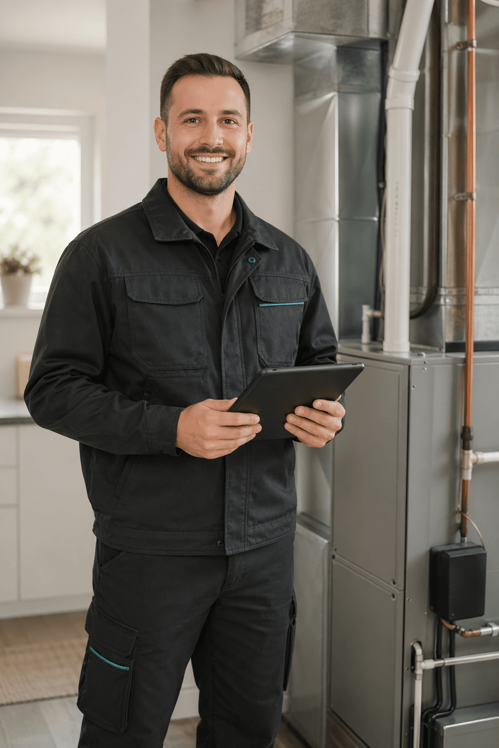 HVAC technician standing beside heating and cooling equipment