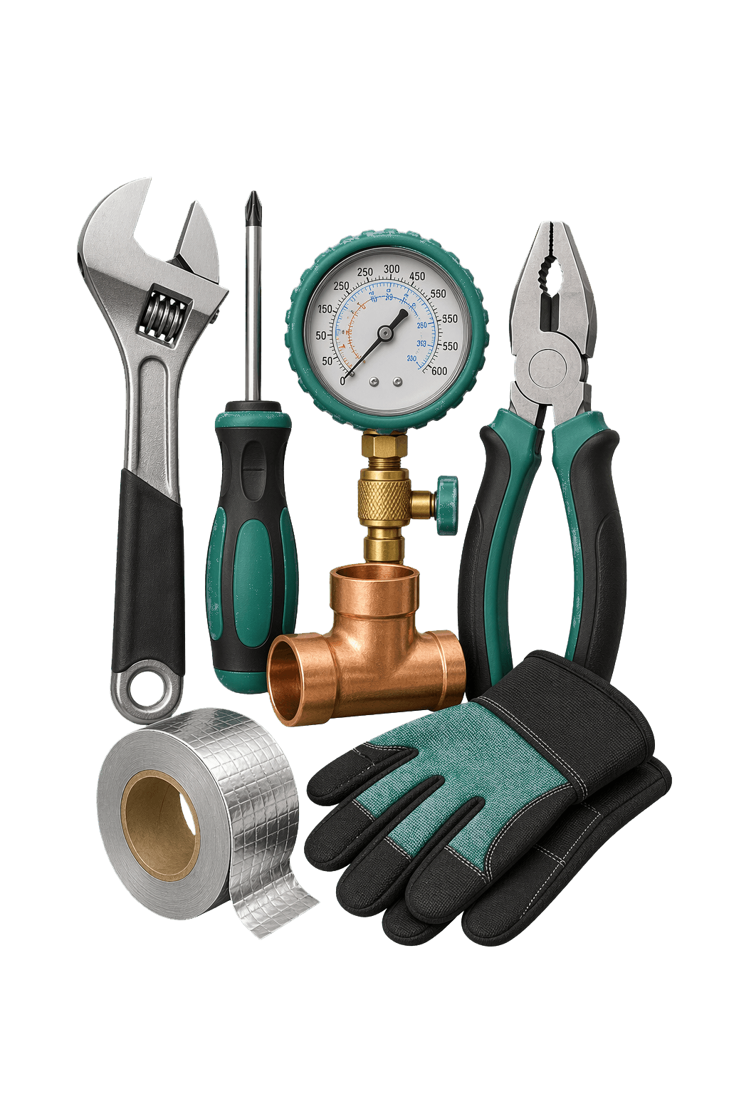 HVAC hand tools and pressure gauge